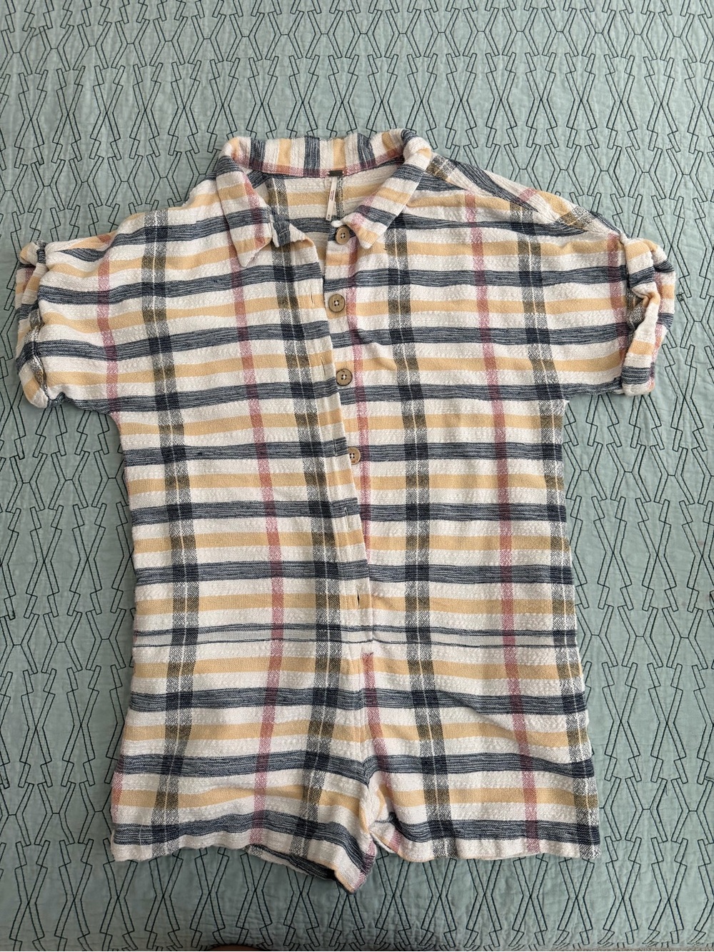 Free People Kids Plaid Button-Front Romper in Yellow, Gray, Cream, Pink